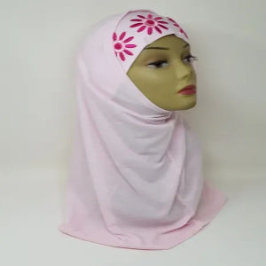 light pink two-piece hijab with inner cap full coverage modest headscarf soft stretch fabric floral detail instant hijab Muslim women daily wear breathable comfortable modest fashion
