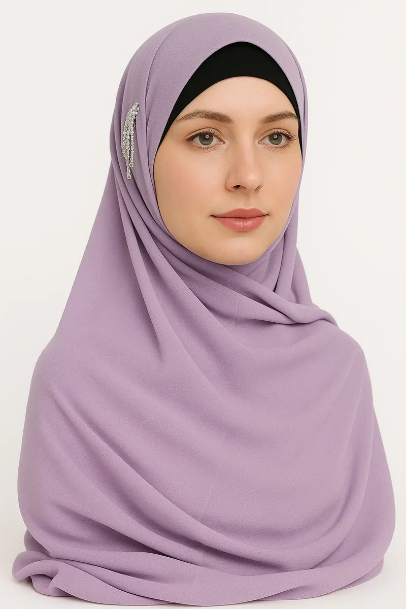 Light purple chiffon hijab scarf for women, soft lightweight modest headscarf, breathable Muslim wrap, full coverage everyday wear, elegant drape style for prayer, work, and casual outfits