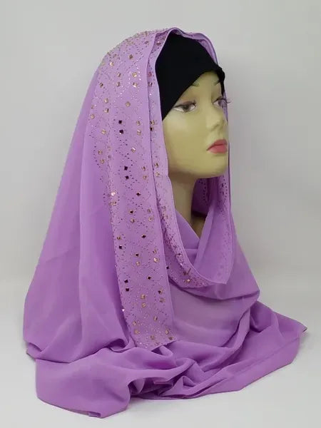 Lilac rhinestone chiffon hijab scarf for women, lightweight chiffon headscarf with sparkle detail, elegant modest hijab, long drape scarf, breathable fabric hijab, Muslim women head covering, stylish light purple chiffon hijab with rhinestones, dressy hijab for special occasions