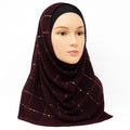 Maroon hijab with subtle gold line pattern, modest Islamic headscarf for women, soft draping fabric, elegant everyday hijab from Affordable Hijab USA, lightweight modest fashion headwear