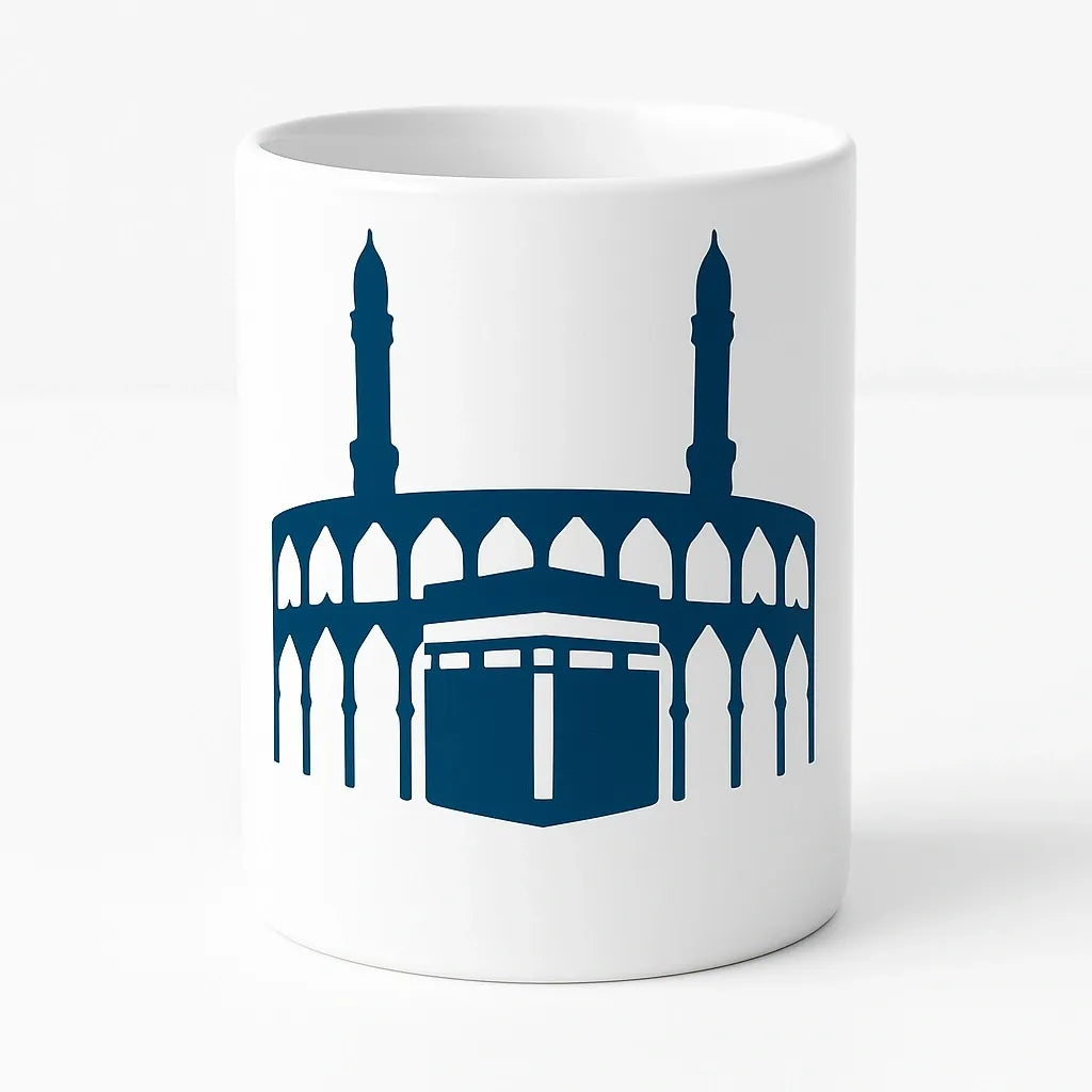 White ceramic Masjid Al Aqsa mug with blue mosque illustration design, Islamic coffee mug, Muslim gift cup, faith inspired drinkware, Palestine mosque art mug