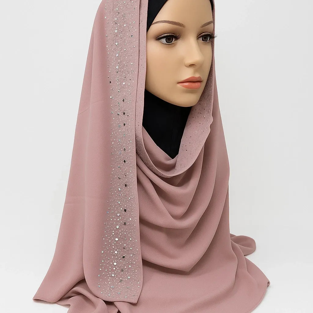 Mauve chiffon hijab with rhinestone detail lightweight elegant modest headscarf for women