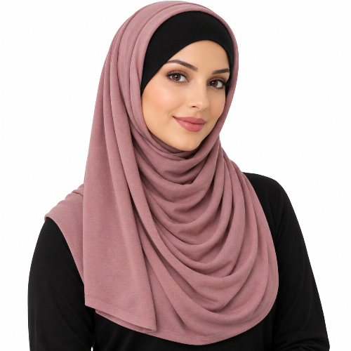 Mauve dusty rose jersey hijab scarf displayed on a mannequin with soft layered draping and full coverage on a white background.