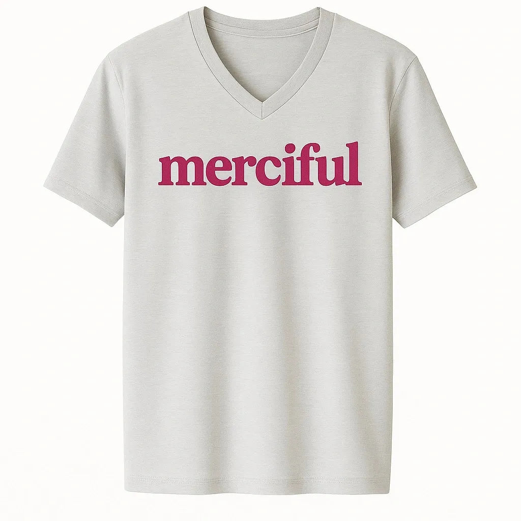Light neutral V-neck Islamic t-shirt with merciful text in pink lettering, modest Muslim faith apparel for women, inspirational Islamic clothing for Ramadan and everyday wear