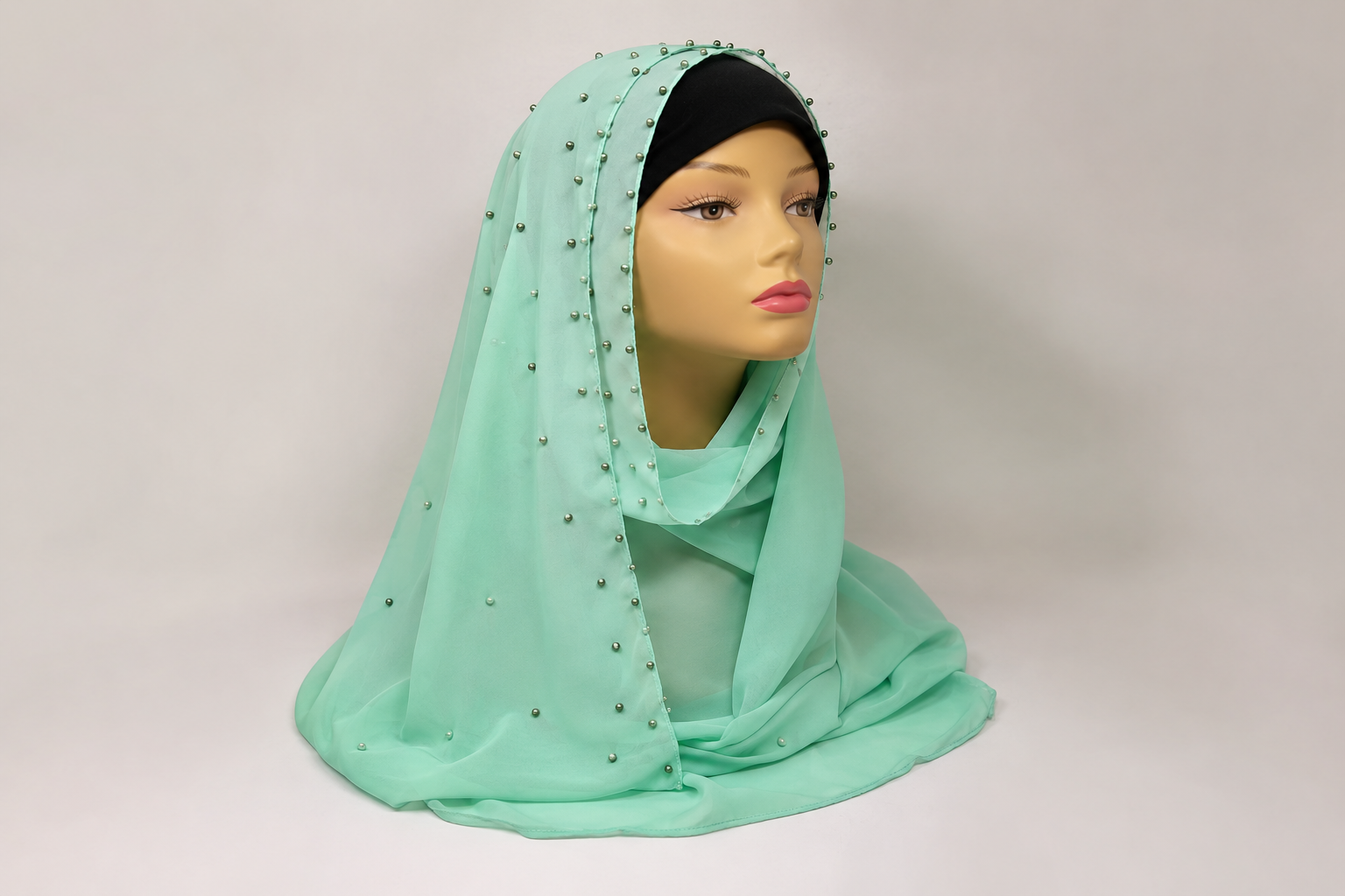 mint green beaded chiffon hijab scarf lightweight breathable flowy fabric modest Muslim headscarf elegant drape hijab with bead detail full coverage stylish scarf for women