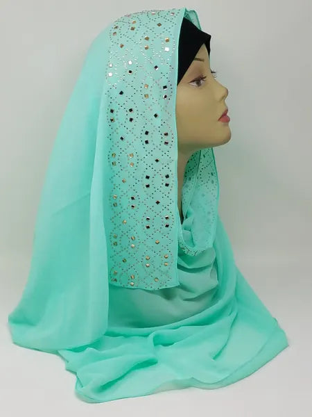 Mint rhinestone chiffon hijab scarf for women, lightweight chiffon headscarf with sparkle detail, elegant modest hijab, long drape scarf, breathable fabric hijab, Muslim women head covering, stylish mint chiffon hijab with rhinestones, dressy hijab for special occasions