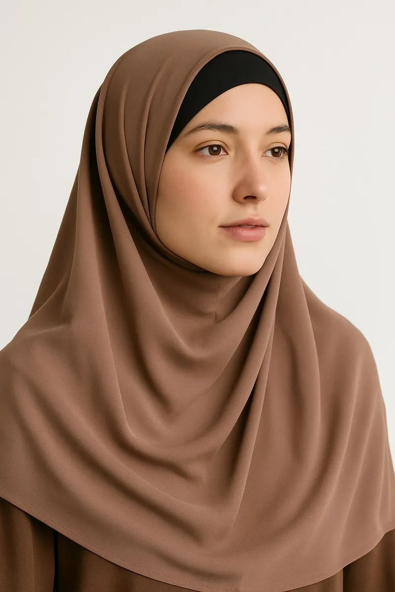 Mocha brown chiffon hijab scarf for women, soft lightweight modest headscarf, breathable Muslim wrap, full coverage neutral everyday hijab, elegant drape styling