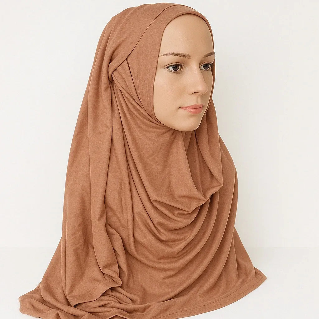 Mocha brown full drape khimar hijab in heavy jersey fabric with long front and back coverage, modest Islamic prayer hijab for women, soft stretch layered khimar from Affordable Hijab USA