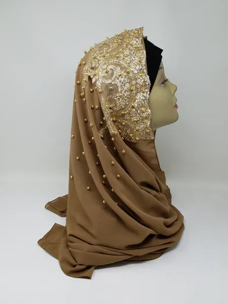 Mocha brown hijab scarf with gold beaded embroidery, elegant modest Muslim headscarf with decorative beadwork, soft brown Islamic scarf for modest fashion from Affordable Hijab USA.