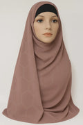 Mocha chiffon hijab with rhinestone geometric pattern styled on model, elegant full coverage modest scarf for special occasions USA