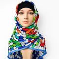 Multicolor geometric print hijab scarf with vibrant mosaic pattern, lightweight modest headscarf for women, colorful Islamic scarf, Affordable Hijab USA