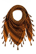 Mustard and black keffiyeh scarf with traditional woven pattern and tassel fringe, lightweight cotton blend keffiyeh headscarf for men and women