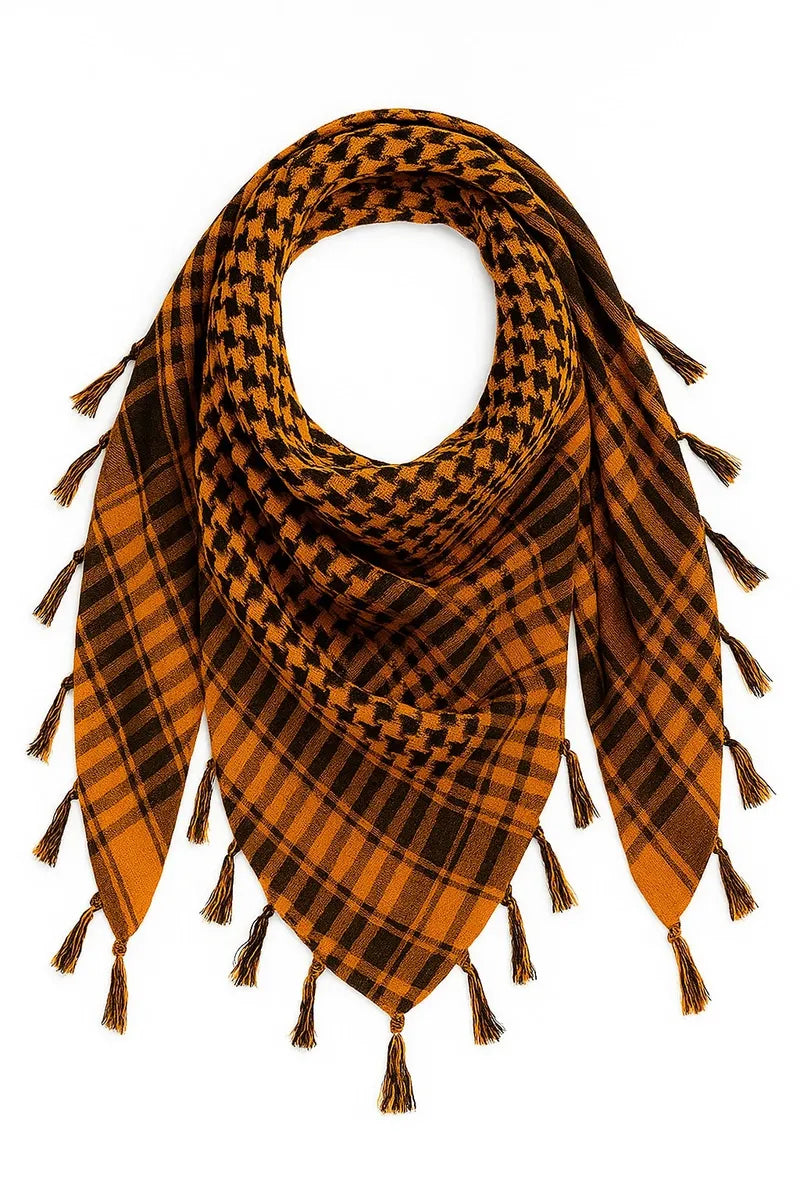 Mustard and black keffiyeh scarf with traditional woven pattern and tassel fringe, lightweight cotton blend keffiyeh headscarf for men and women