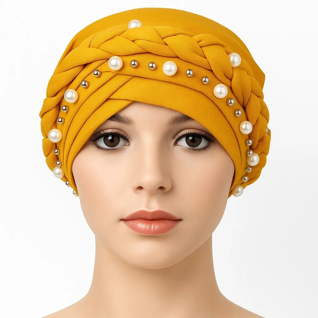 Mustard pearl embellished turban cap for women, pre tied modest headwrap with bead details, elegant Islamic head covering, Affordable Hijab USA