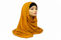Mustard yellow beaded chiffon hijab scarf, lightweight, breathable, flowy fabric, modest Muslim headscarf, elegant drape hijab with bead detail, full coverage stylish scarf for women