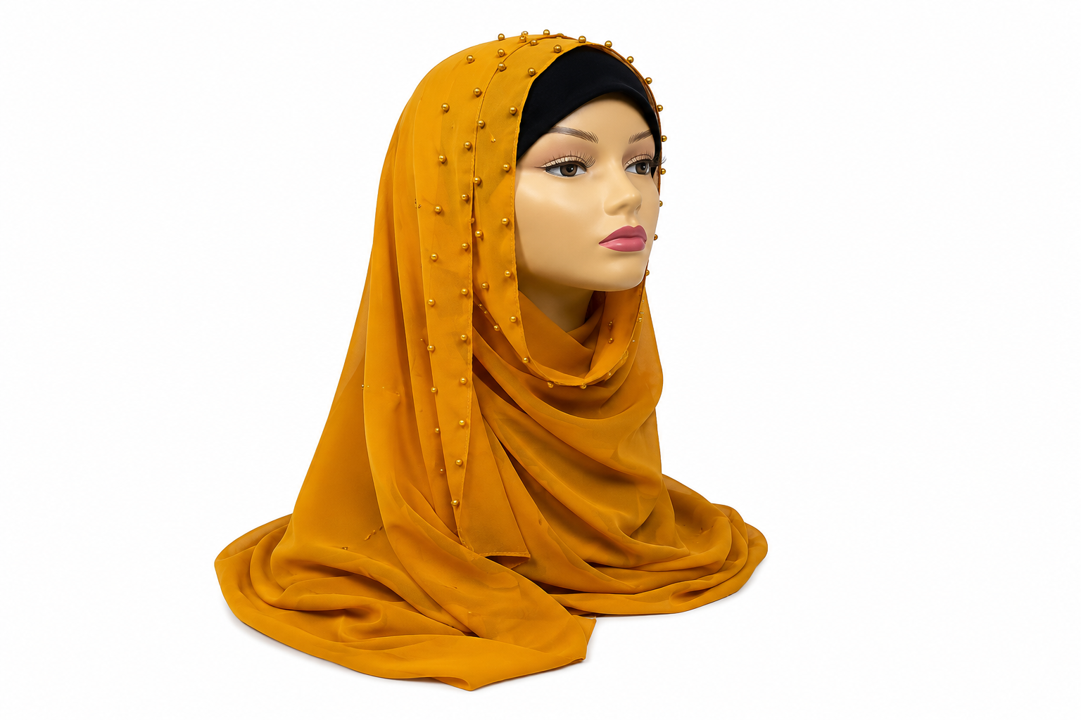 Mustard yellow beaded chiffon hijab scarf, lightweight, breathable, flowy fabric, modest Muslim headscarf, elegant drape hijab with bead detail, full coverage stylish scarf for women