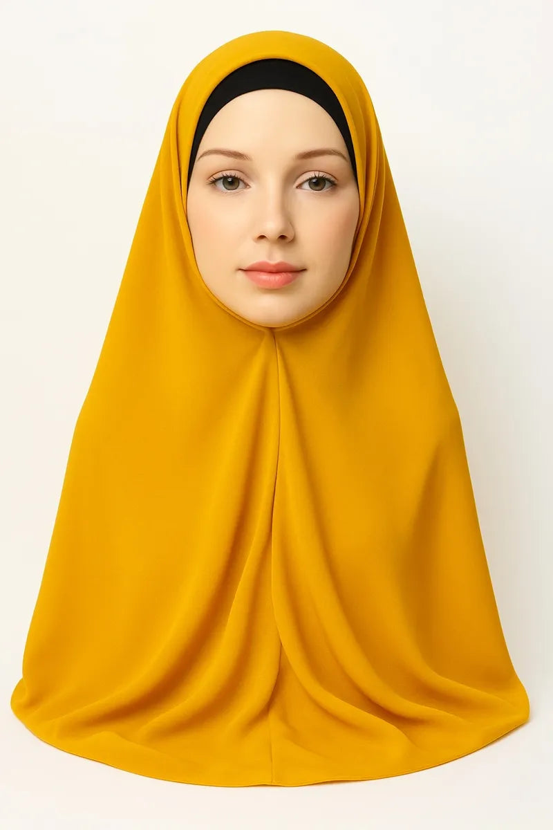 Mustard yellow full drape khimar hijab for women, modest Islamic headwear, soft stretch prayer hijab, long coverage Muslim scarf, breathable everyday khimar for full modest wear

