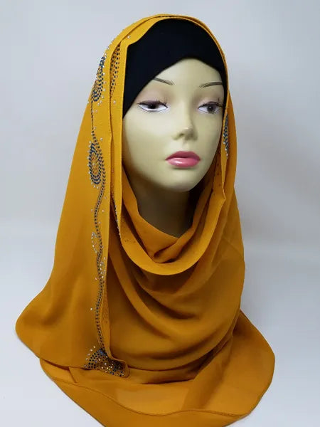 Mustard yellow hijab scarf with rhinestone embellishments along the edges, elegant modest headscarf, soft flowing hijab for everyday wear and special occasions