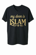 lack Islamic graphic t-shirt with gold “My Deen Is Islam” lettering on the front, Muslim faith shirt for men and women, modest short sleeve Islamic apparel
