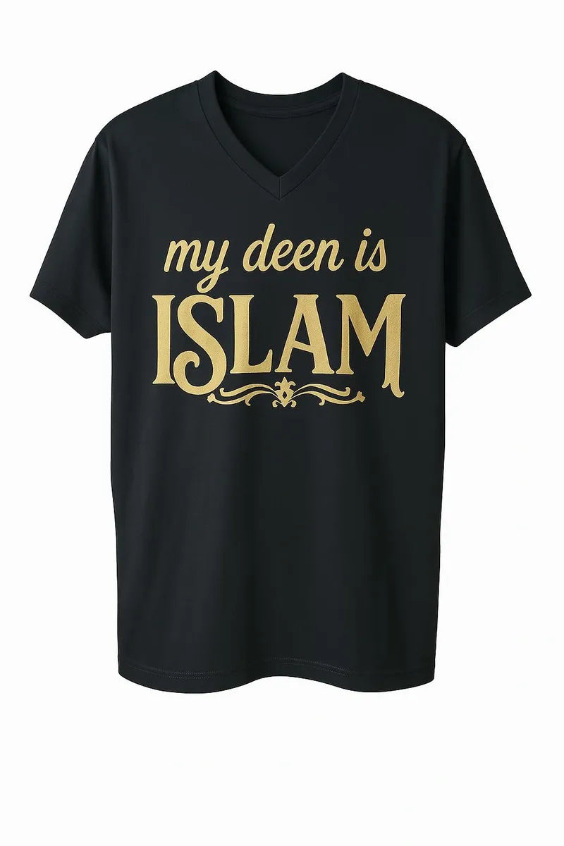 lack Islamic graphic t-shirt with gold “My Deen Is Islam” lettering on the front, Muslim faith shirt for men and women, modest short sleeve Islamic apparel
