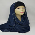 navy blue beaded chiffon hijab scarf lightweight breathable flowy fabric modest Muslim headscarf elegant drape hijab with pearl bead detail full coverage stylish scarf for women