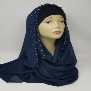 navy blue beaded chiffon hijab scarf lightweight breathable flowy fabric modest Muslim headscarf elegant drape hijab with pearl bead detail full coverage stylish scarf for women
