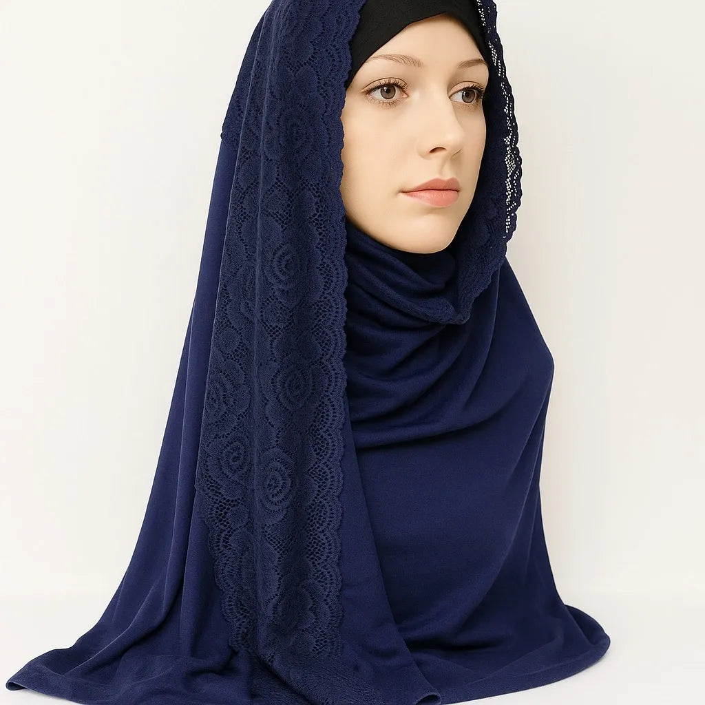 Navy blue jersey hijab scarf with lace trim edge, soft stretch modest headscarf for women, breathable Islamic hijab with elegant lace border, full coverage everyday modest wear