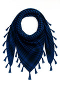 Navy blue keffiyeh scarf with traditional woven pattern and tassel fringe, lightweight cotton blend keffiyeh headscarf for men and women