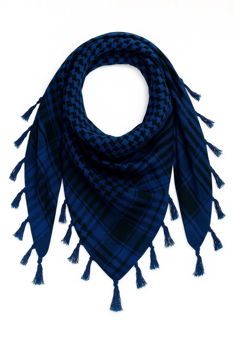Navy blue keffiyeh scarf with traditional woven pattern and tassel fringe, lightweight cotton blend keffiyeh headscarf for men and women