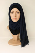 Navy blue lace trim hijab with tassel detail, elegant modest Muslim women headscarf, lightweight draped shawl for Eid events and everyday wear