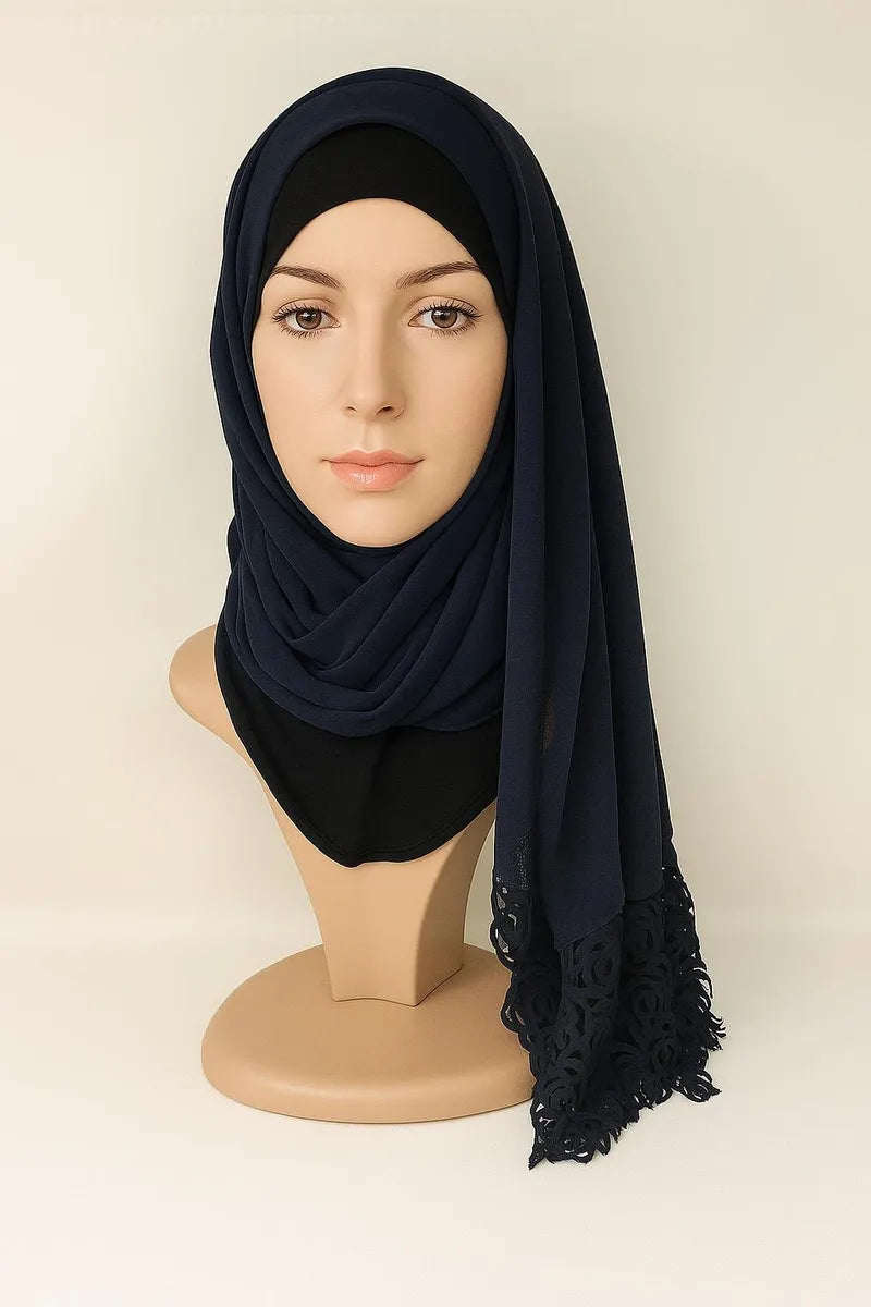 Navy blue lace trim hijab with tassel detail, elegant modest Muslim women headscarf, lightweight draped shawl for Eid events and everyday wear