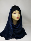 Navy blue hijab scarf with rhinestone embellishments along the edges, elegant modest headscarf, soft flowing hijab for formal wear and everyday styling