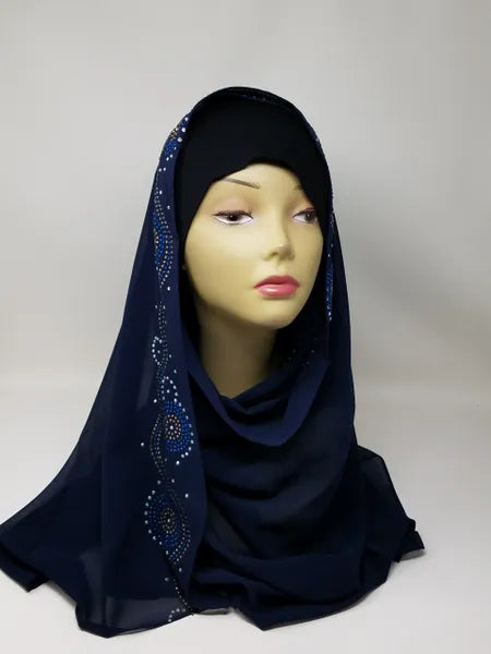 Navy blue hijab scarf with rhinestone embellishments along the edges, elegant modest headscarf, soft flowing hijab for formal wear and everyday styling