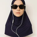 Navy cotton one piece instant hijab styled on mannequin with sunglasses, soft breathable pull on modest headscarf for everyday wear USA