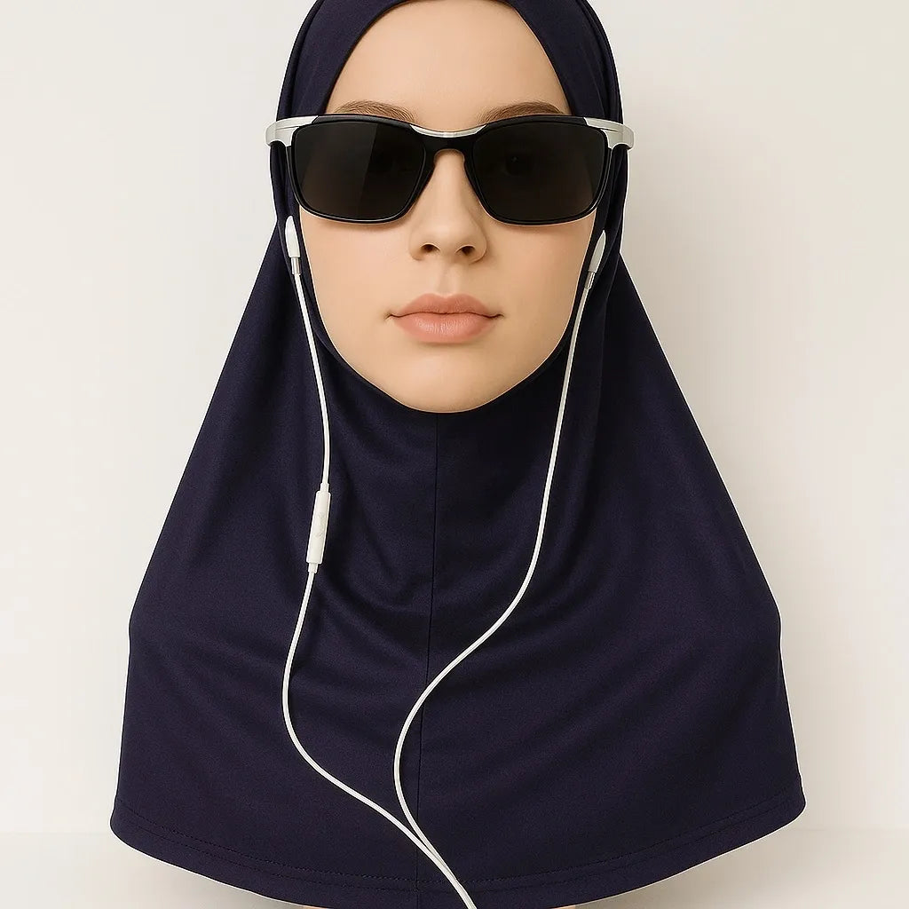 Navy cotton one piece instant hijab styled on mannequin with sunglasses, soft breathable pull on modest headscarf for everyday wear USA