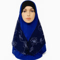 Elegant navy blue floral embroidered hijab with delicate white flower detailing, soft drape modest headscarf for everyday wear and special occasions by Affordable Hijab USA