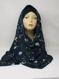 Navy blue floral print hijab scarf for Muslim women, lightweight modest headscarf with colorful floral pattern, elegant draped hijab for everyday wear, prayer, work, and modest fashion styling