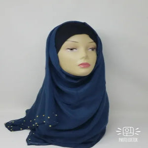navy blue hijab scarf with gold bead detailing soft fabric modest fashion head covering elegant full coverage style for women lightweight comfortable drape for everyday and special occasions