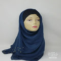 navy blue hijab scarf with gold bead detailing soft fabric modest fashion head covering elegant full coverage style for women lightweight comfortable drape for everyday and special occasions