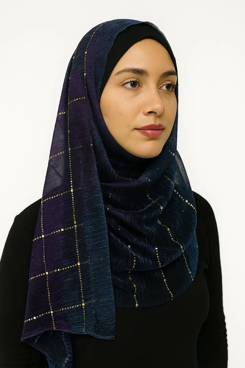 Navy blue hijab with gold line pattern, modest Islamic headscarf for women, elegant navy patterned hijab drape, lightweight modest fashion scarf from Affordable Hijab USA