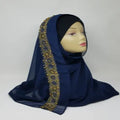 navy blue hijab with gold trim elegant modest headscarf for women soft drape fabric full coverage Muslim hijab gold edge detail formal hijab stylish modest fashion scarf deep navy head wrap