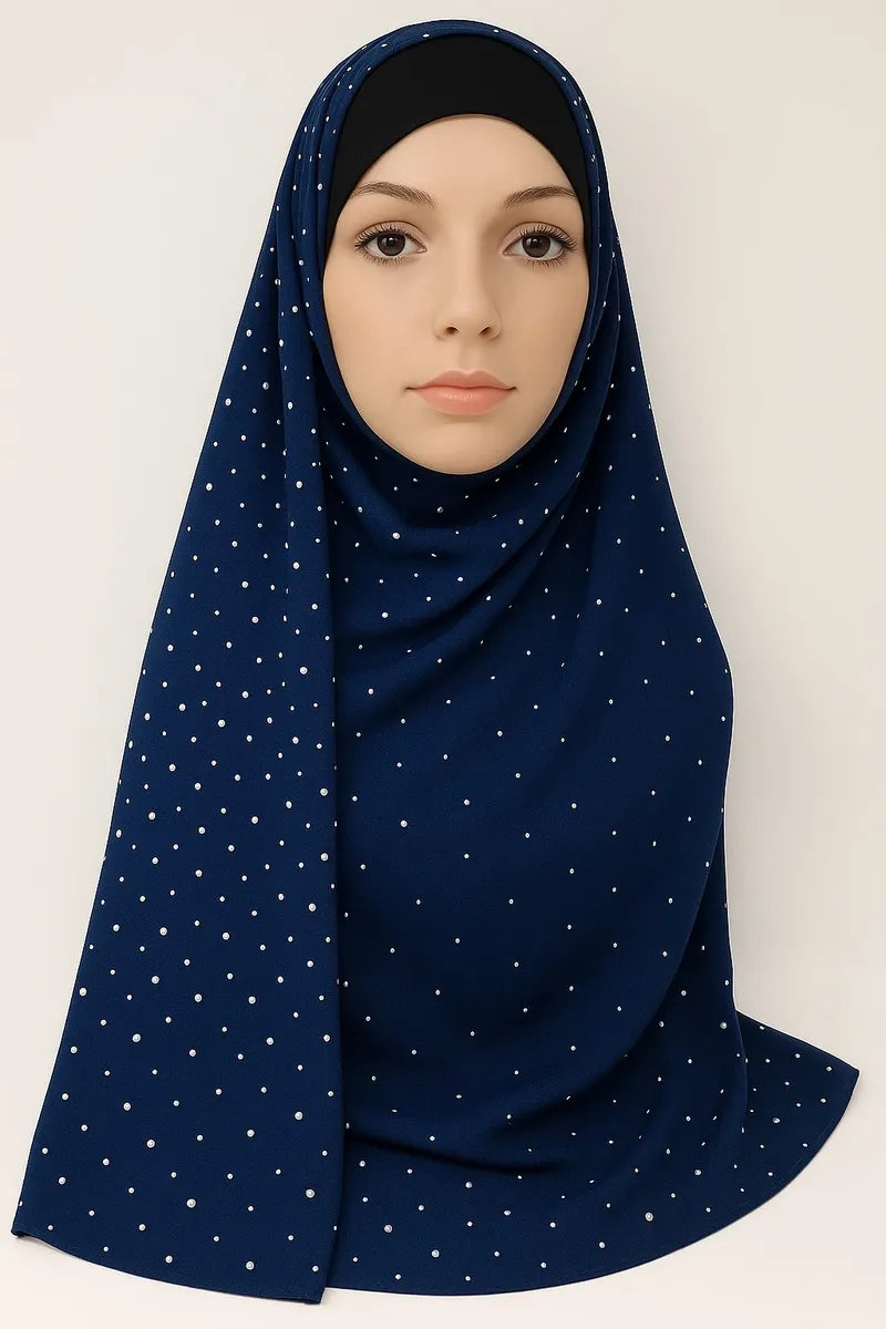 Navy blue chiffon hijab with pearl bead detailing, elegant modest headscarf for women, lightweight breathable Muslim hijab scarf with delicate pearl embellishments for Eid, weddings, and special occasions