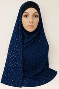 Navy blue chiffon hijab with pearl bead detailing, elegant modest headscarf for women, lightweight breathable Muslim hijab scarf with delicate pearl embellishments for Eid, weddings, and special occasions