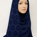 Navy blue chiffon hijab with rhinestone geometric pattern styled on mannequin, lightweight full coverage modest scarf for women USA