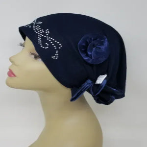navy turban headwrap with rhinestone detail and flower accent soft stretch fabric modest headwear for women elegant turban style full coverage comfortable daily wear and special occasions