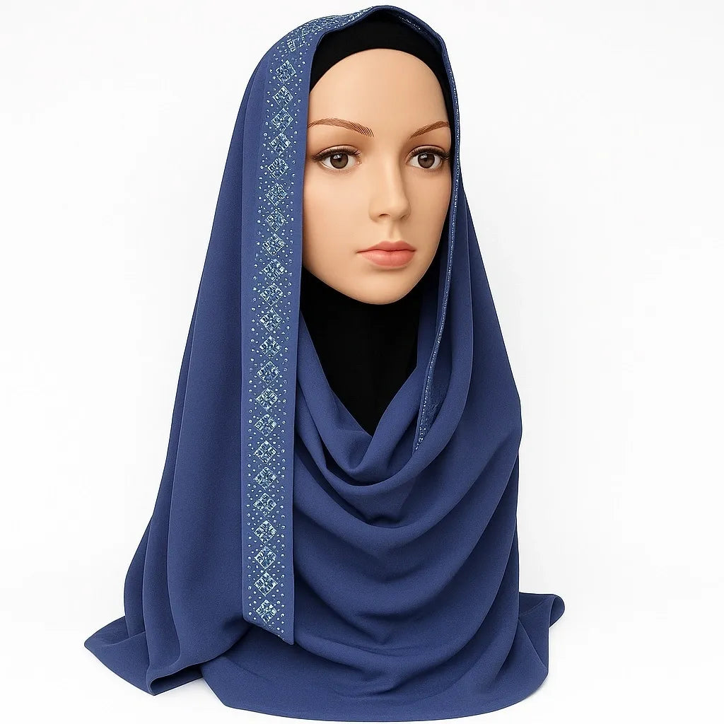 Elegant navy blue rhinestone hijab with sparkling crystal embellishments along the front edge, soft drape modest headscarf for weddings, Eid, and formal occasions by Affordable Hijab USA