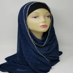 navy blue rhinestone hijab scarf elegant modest headscarf for women soft drape fabric full coverage Muslim hijab with sparkle detail evening wear hijab stylish modest fashion scarf deep navy head wrap