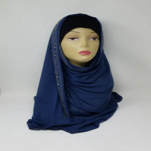 navy rhinestone jersey hijab soft stretch fabric modest headscarf elegant sparkle hijab for daily wear breathable comfortable Muslim scarf full coverage styling