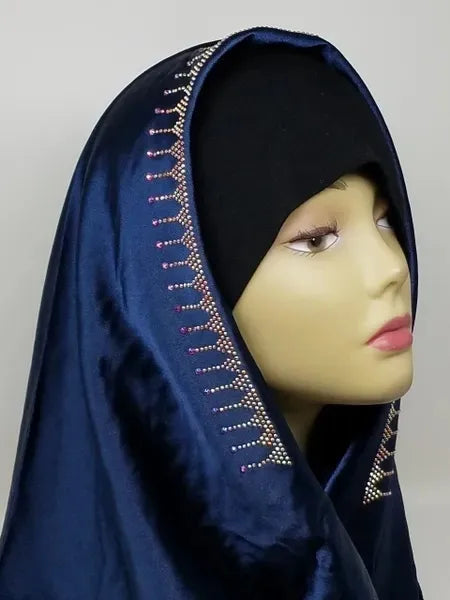 Navy blue satin hijab scarf with rhinestones along the front edge and lace with rhinestone detailing on the back, elegant modest head scarf for Muslim women.