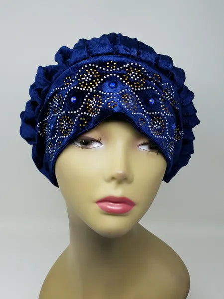 Elegant navy rhinestone turban for women, luxury embellished hijab cap with crystal details, stretch fit modest headwear, stylish prayer turban, formal occasion head covering, soft comfortable fabric, ready to wear hijab alternative for weddings, events, and everyday use